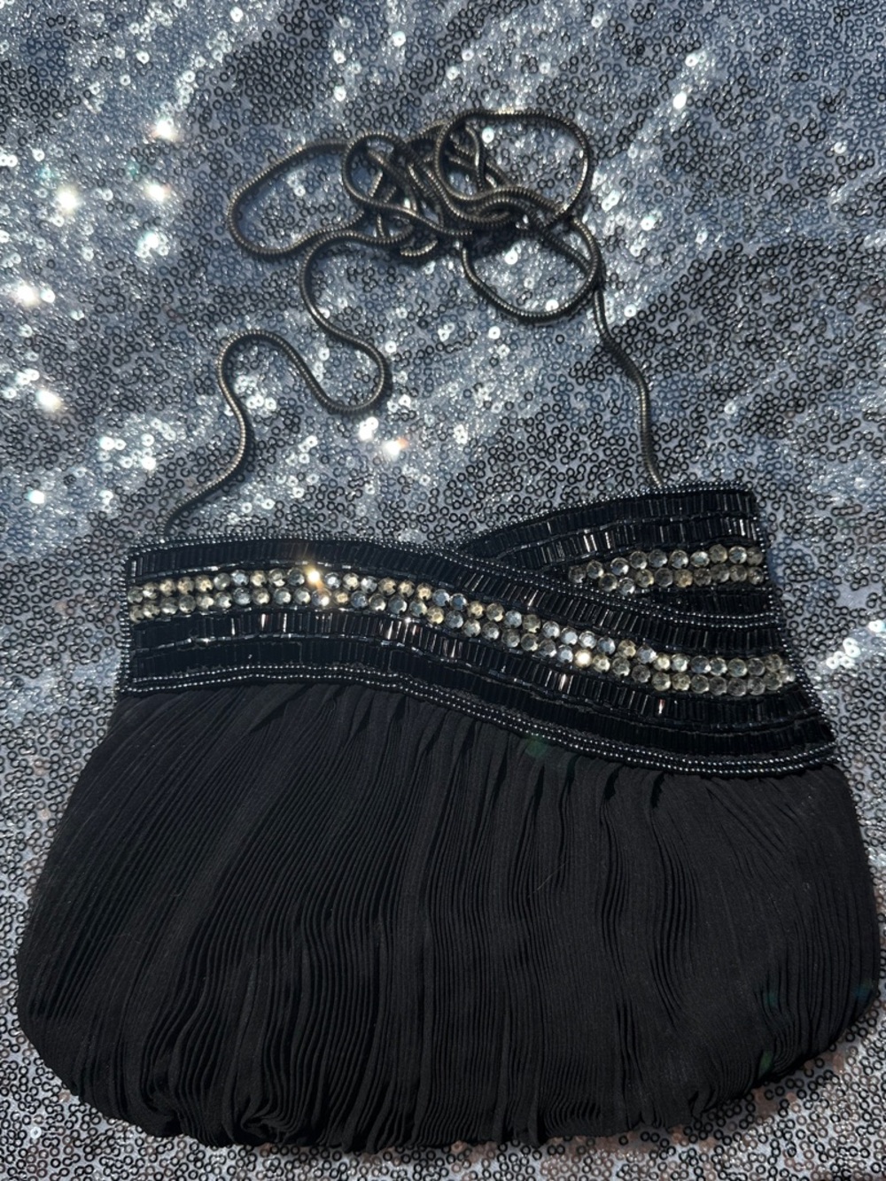 8” Vintage Black Chiffon Beaded Evening Hand Bag